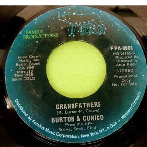 Burton & Cunico‎ - Grandfathers / Run For Your Life 45rpm Vinyl Record 7" PROMO